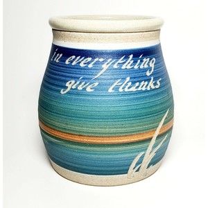 Pottery Studio Signed Cylinde Vase Planter Blue Embossed Scene Ocean Grasses New